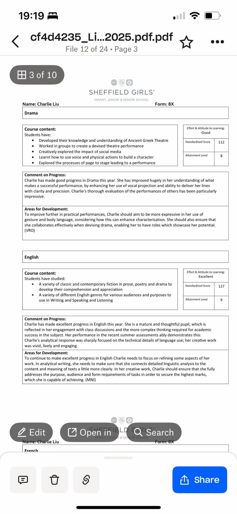 甜甜的期末考试成绩